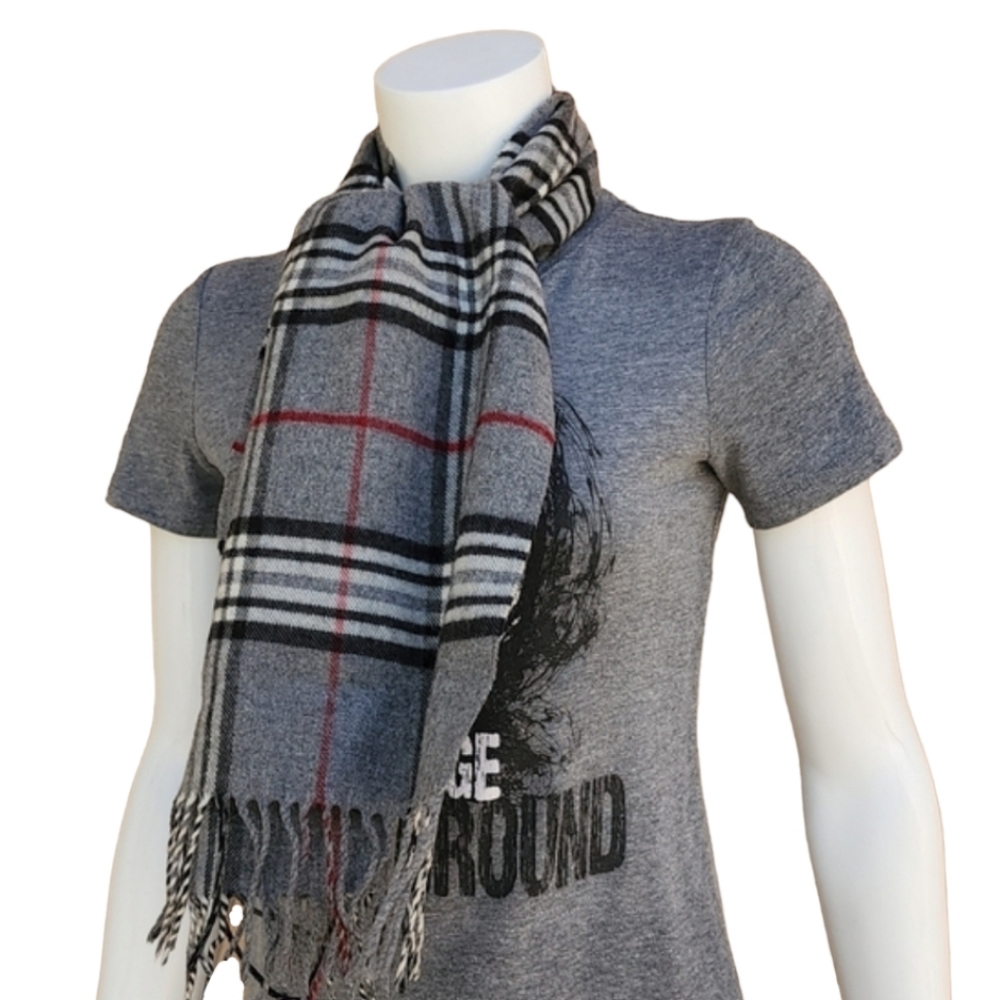 VINTAGE Gray Plaid Nova Check Scarf Wool Cashmere Acrylic V FRAAS GERMANY Mens - Picture 6 of 11